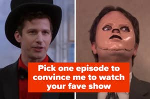 A split thumbnail, with two images - one showing Jake Peralta in Brooklyn Nine Nine and one showing Dwight in The Office