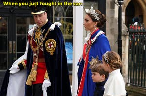 Prince William walks outside of the coronation with his family