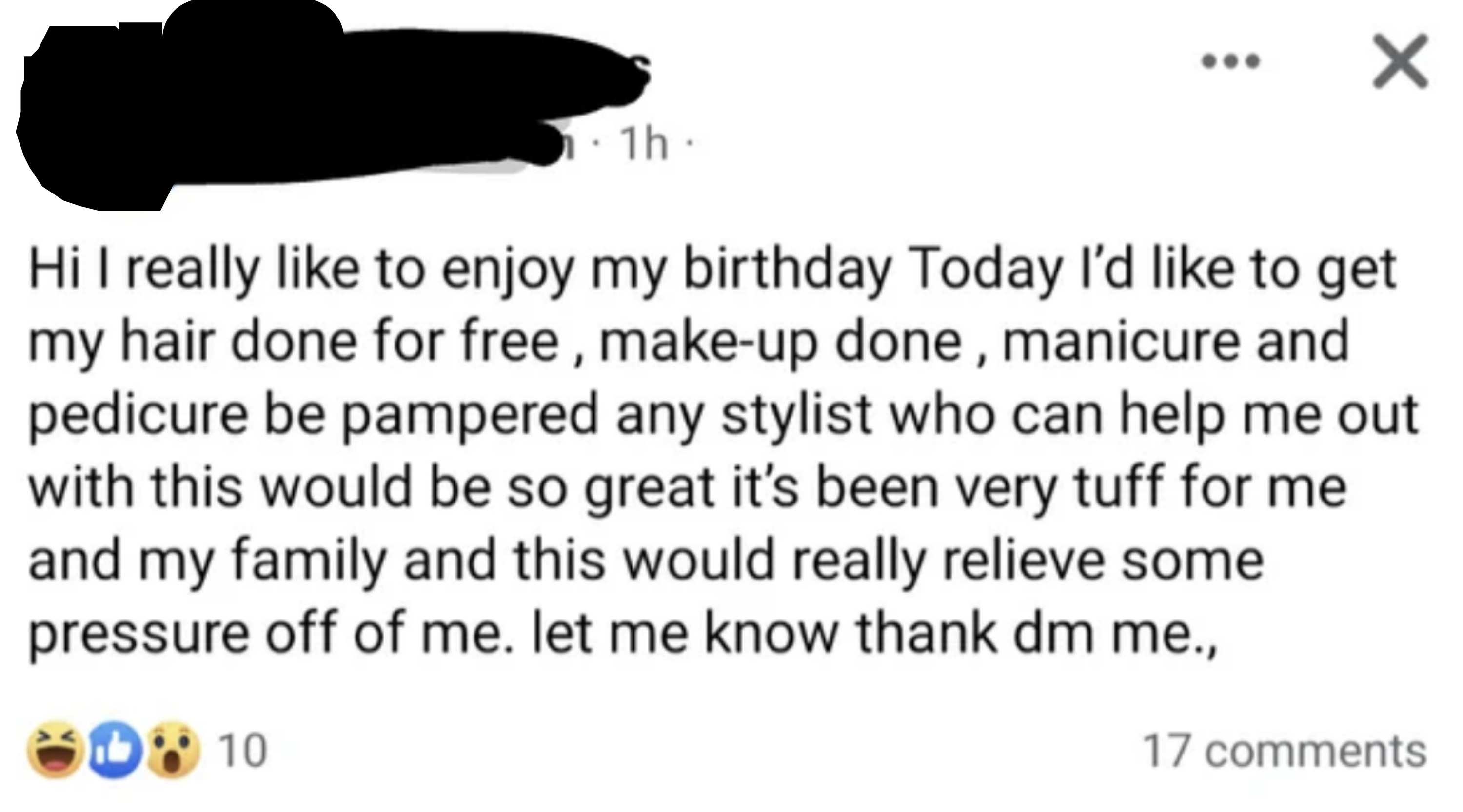 &quot;Today I&#x27;d like to get my hair done for free, make-up done, manicure and pedicure be pampered...&quot;