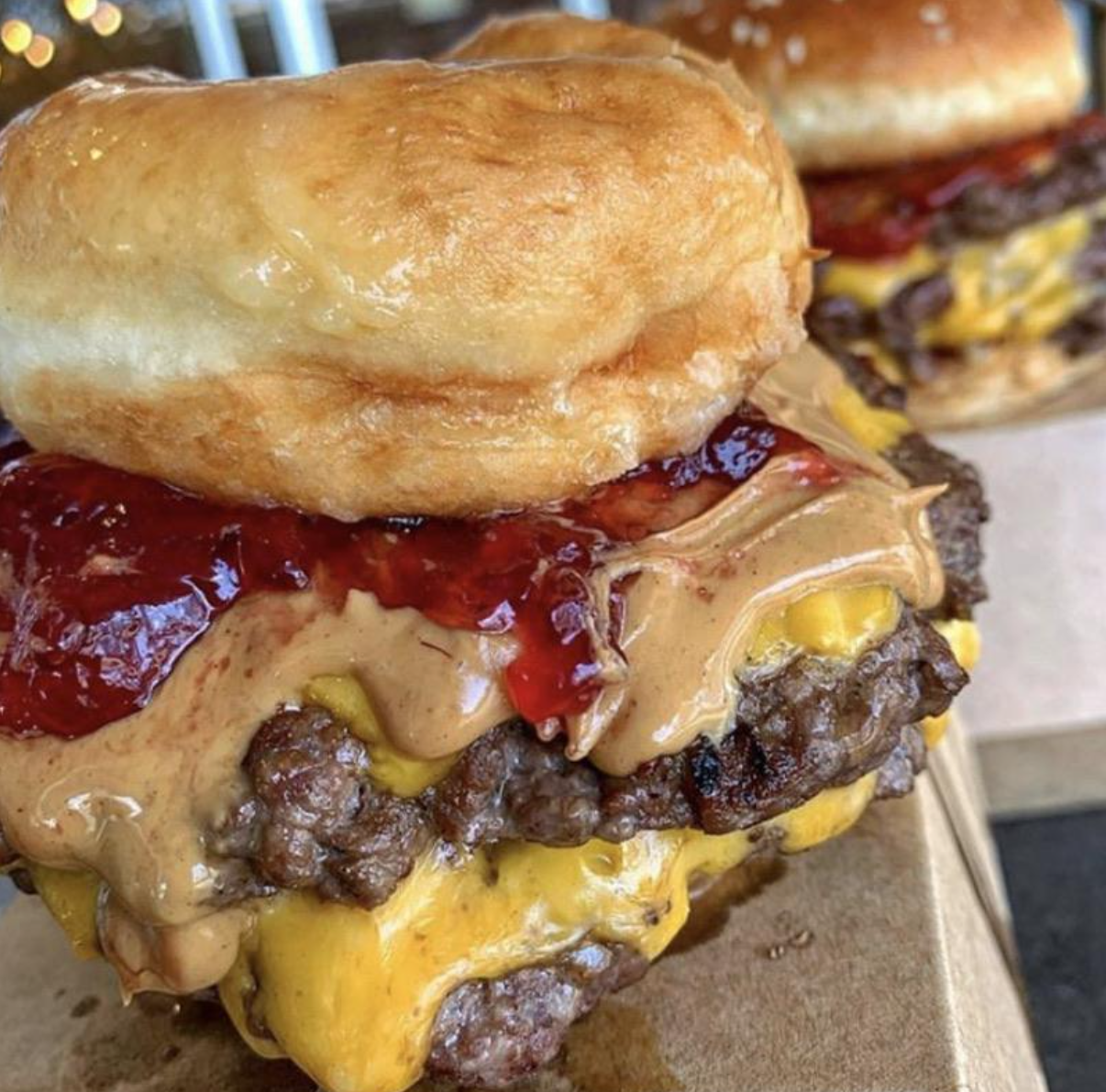 Peanut butter and jelly on a burger.