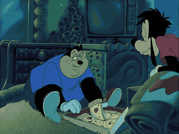a gif of max and PJ eating pizza in a goofy movie