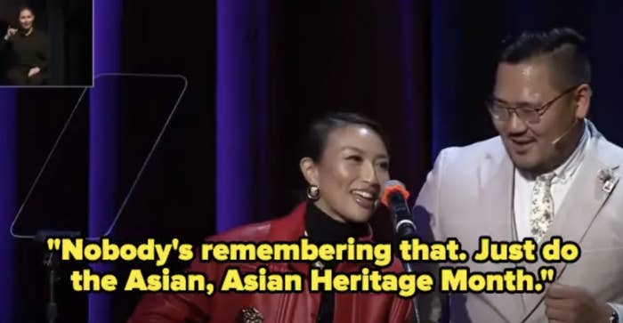 Jeannie onstage with quote &quot;Nobody&#x27;s remembering that; just do the Asian, Asian Heritage Month&quot; in the caption