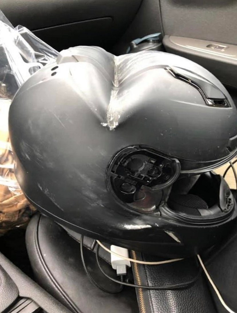 A crushed helmet