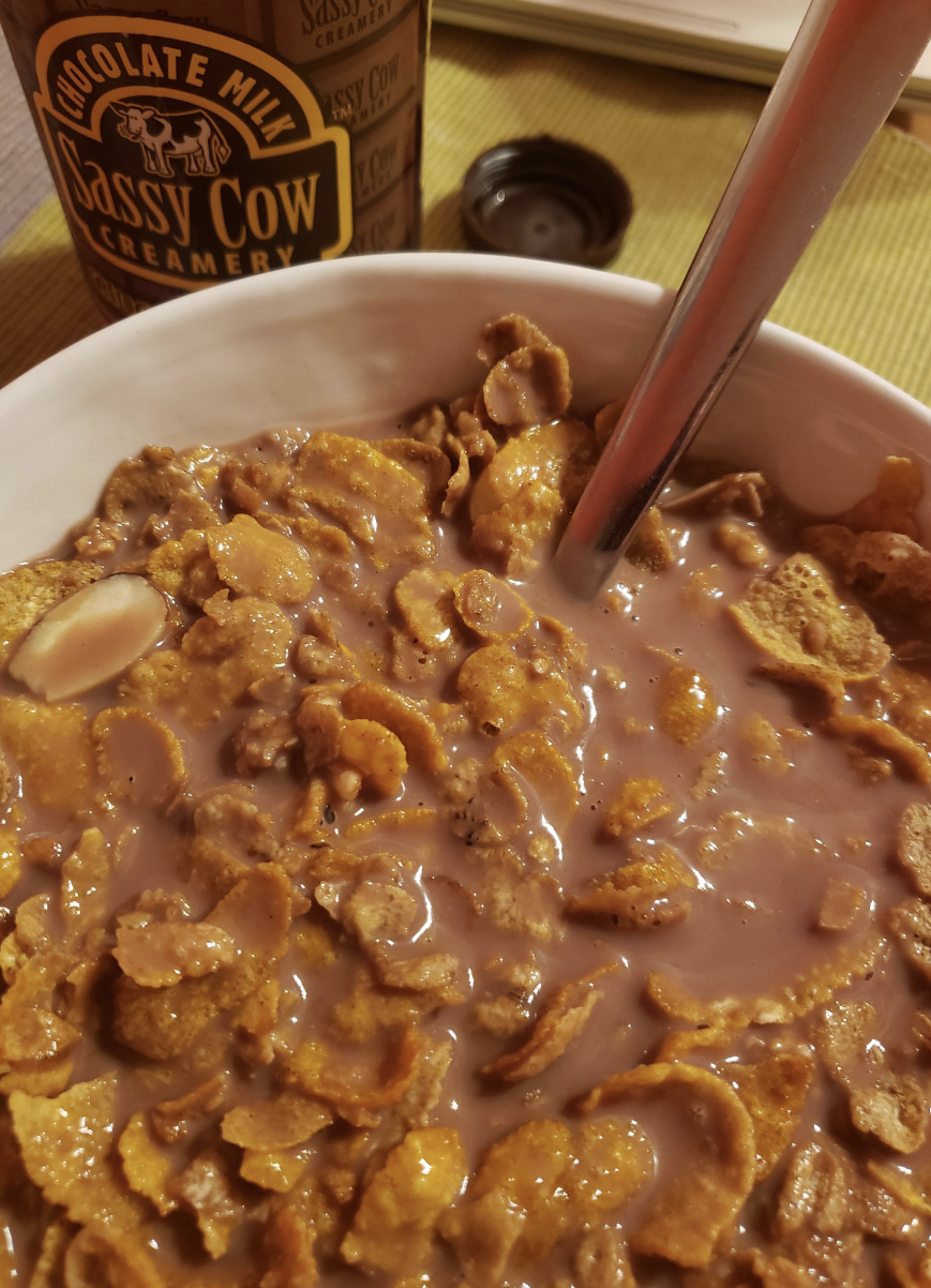 Frosted flakes and chocolate milk.