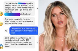 texts from someone begging for money next to khloe kardashian rolling her eyes
