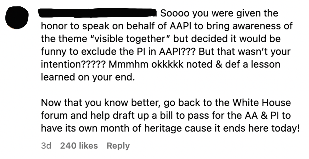 &quot;Now that you know better, go back to the White House forum and help draft a bill to pass for the AA &amp;amp; PI to have its own month of heritage&quot;