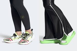 on left: model wearing pink and yellow Stella McCartney by Adidas sneakers. on right: model wearing lime green Adidas slides