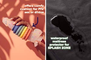 Rainbow buffer cushions stacked on confetti dildo and water spill on waterproof mattress