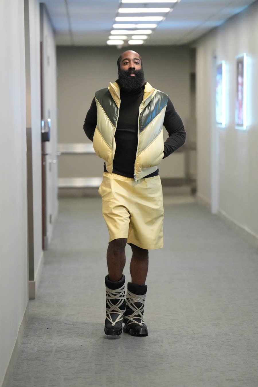 James Harden playoff outfit? A letterman jacket adorned with flamingo