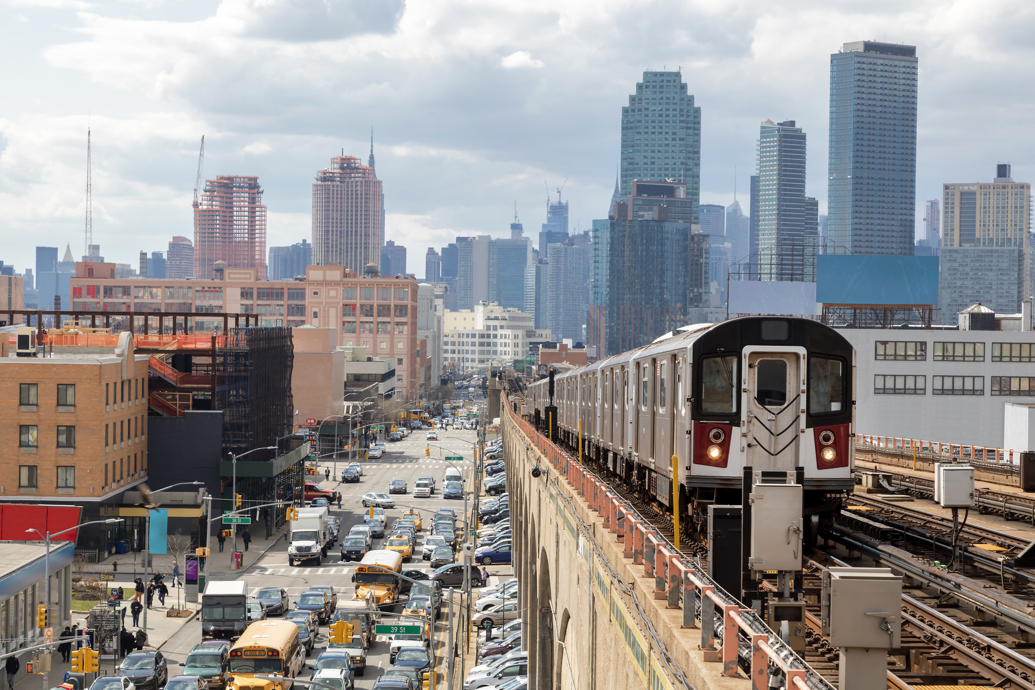 aerial view of elevated subway in queens