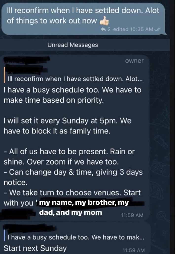 Parent says they&#x27;re setting a weekly &quot;family time&quot; of Sunday at 5 pm, by Zoom if necessary, and Mom, Dad, and two children all have to be present and can take turns choosing the venue; can change day and time only if they give 3 days&#x27; notice