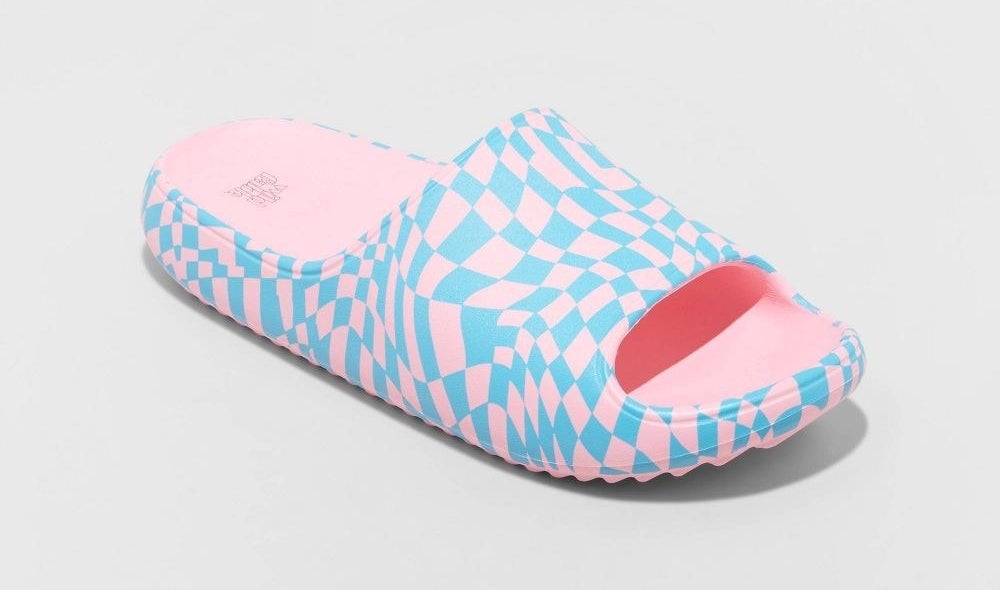pink and blue patterned slide sandals