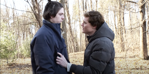 Sam and Grizz from &quot;The Society&quot; having words while Sam grabs Grizz&#x27;s jacket