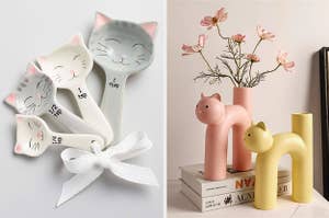 cat measuring spoons / cat shaped vases in pink and yellow
