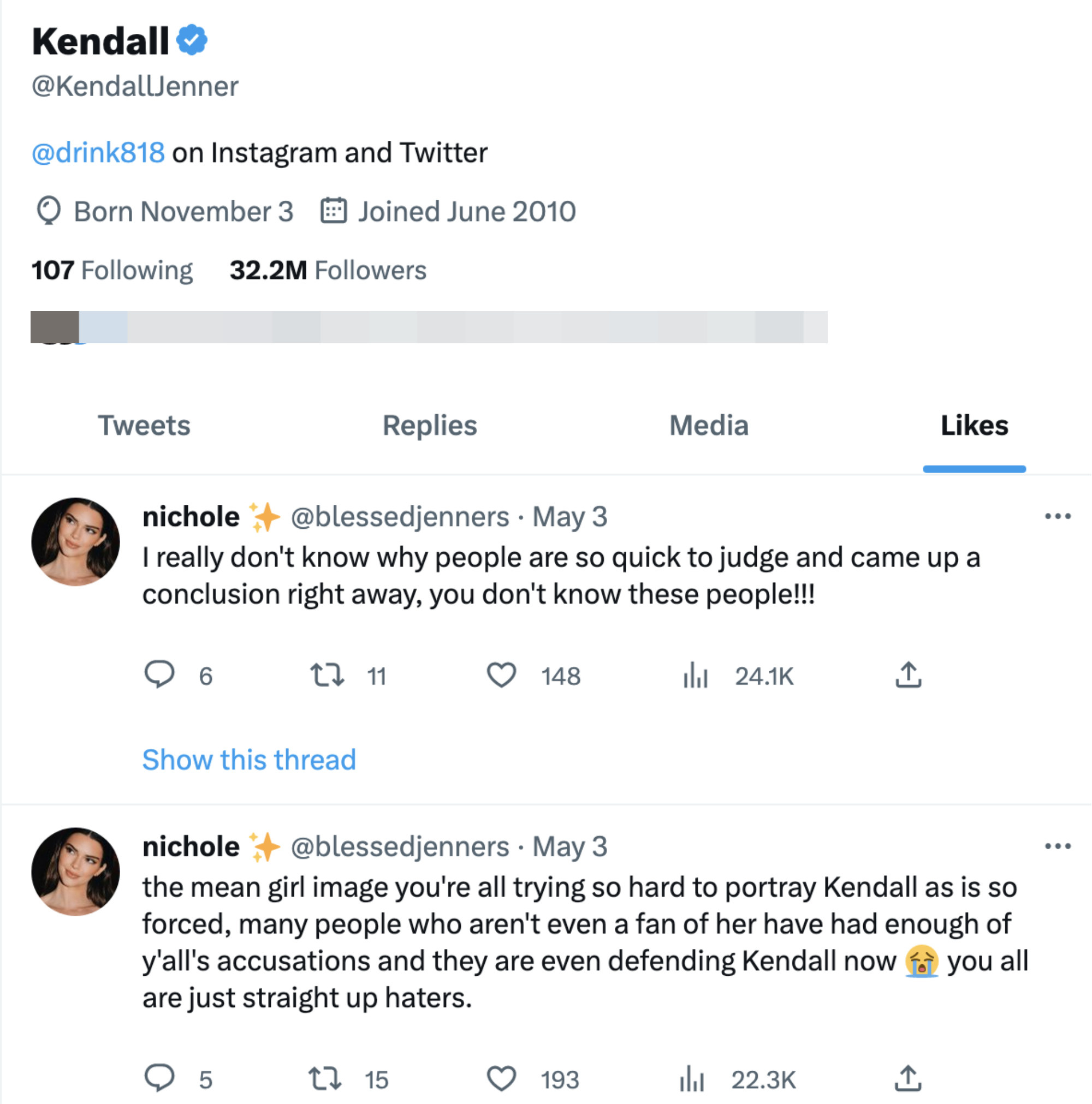 Screenshot of Kendall&#x27;s Twitter