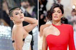 Florence Pugh poses with her hand on the back of her head vs Kylie Jenner poses for a photo at the 2023 Met Gala