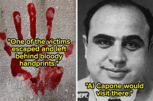 a bloody handprint on a wall and al capone mugshot