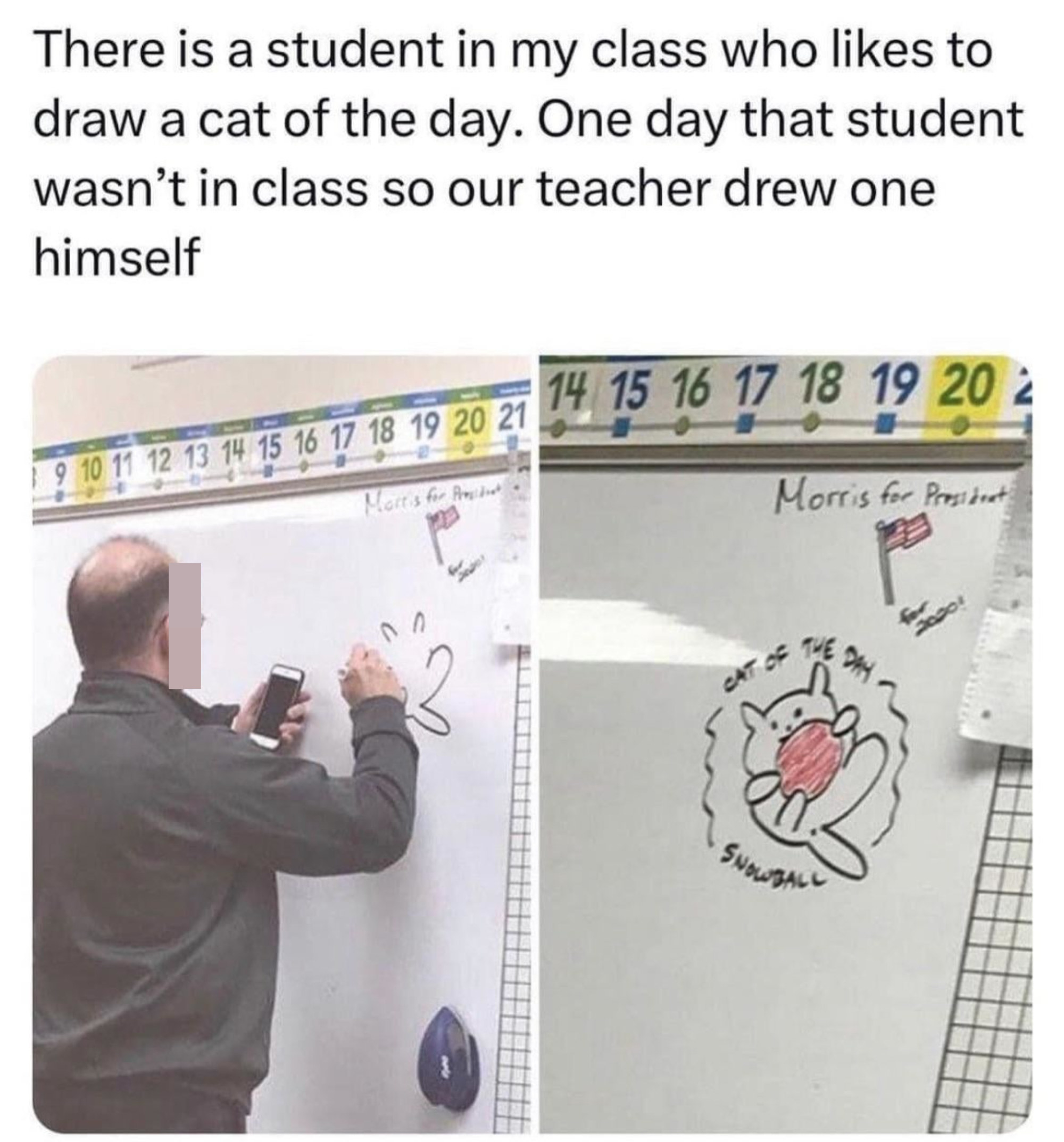 When student who draws a &quot;cat of the day&quot; every day in class was absent one day, the teacher drew his own &quot;cat of the day,&quot; &quot;Snowball,&quot; on the whiteboard