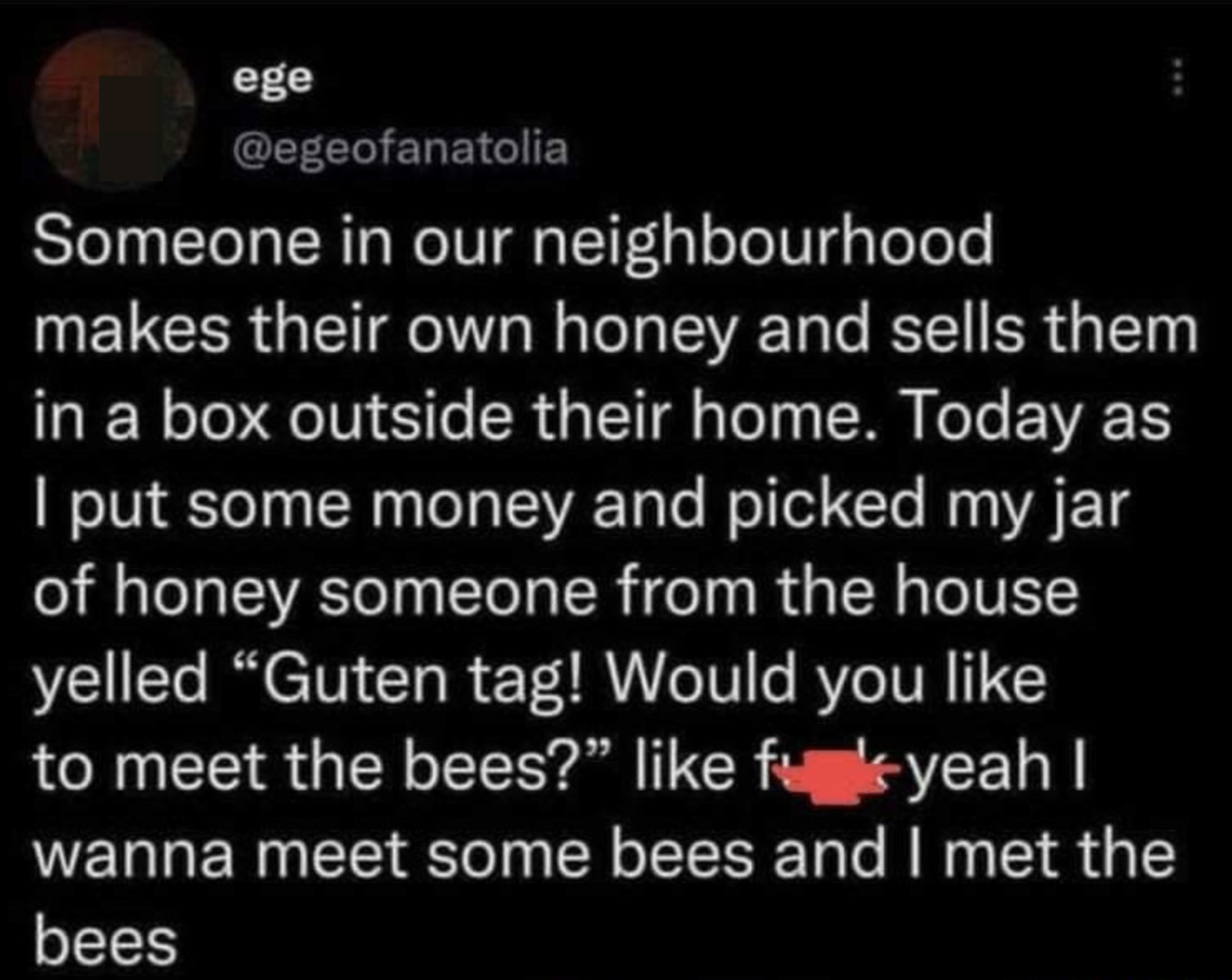 Person bought a jar of honey from neighbor and neighbor asked them if they wanted to meet the bees, and the person was like, &quot;Fuck yeah, I wanna meet some bees&quot;