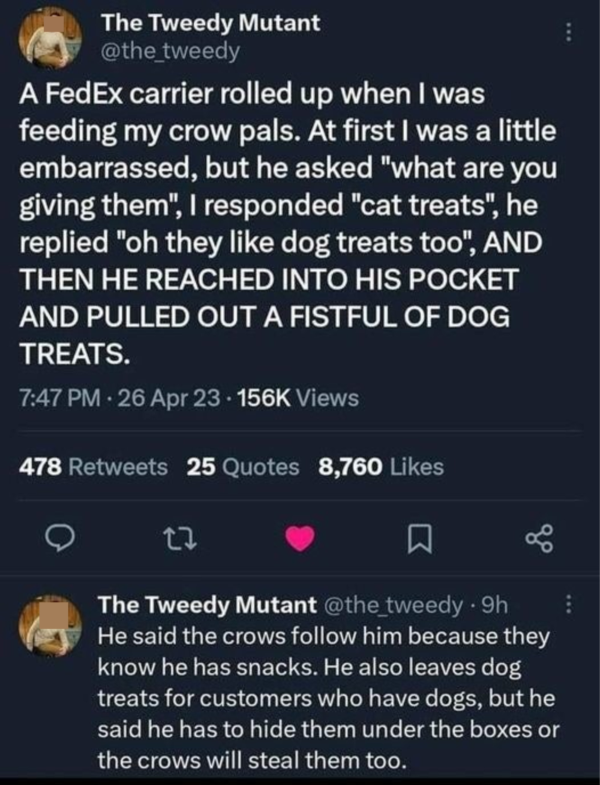 Person was embarrassed to be seen by a FedEx carrier feeding crows cat treats, but carrier says he also feeds them — but he feeds them dog treats; he also leaves dogs on the route treats but has to hide them under boxes or else the crows will steal them