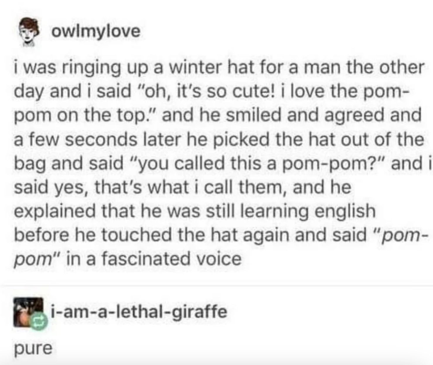 Cashier rings up a winter hat for a man, says they love the pom-pom on top, and the guy smiles, then comes back a few seconds later, says &quot;You called this a pom-pom?&quot; and said he was still learning English, then touched the hat and said &quot;pom-pom&quot; slowly