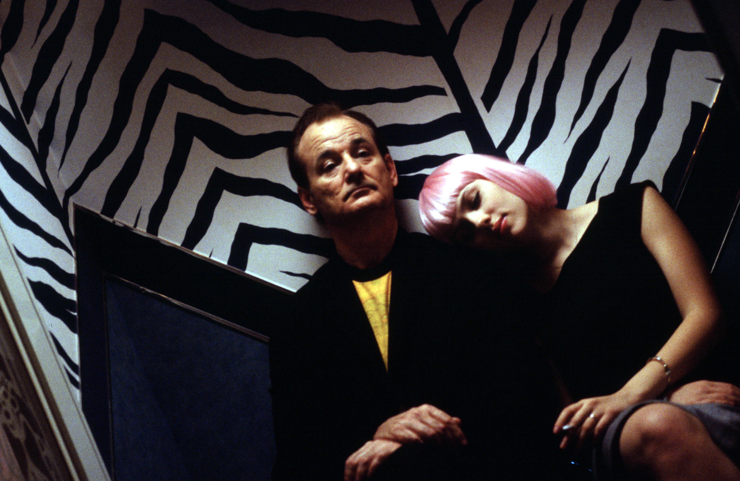 Screenshot from &quot;Lost in Translation&quot; of Scarlett with her head on Bill Murray&#x27;s shoulder