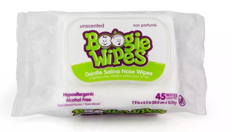 White plastic Boogie Wipe packaging with green and purple text
