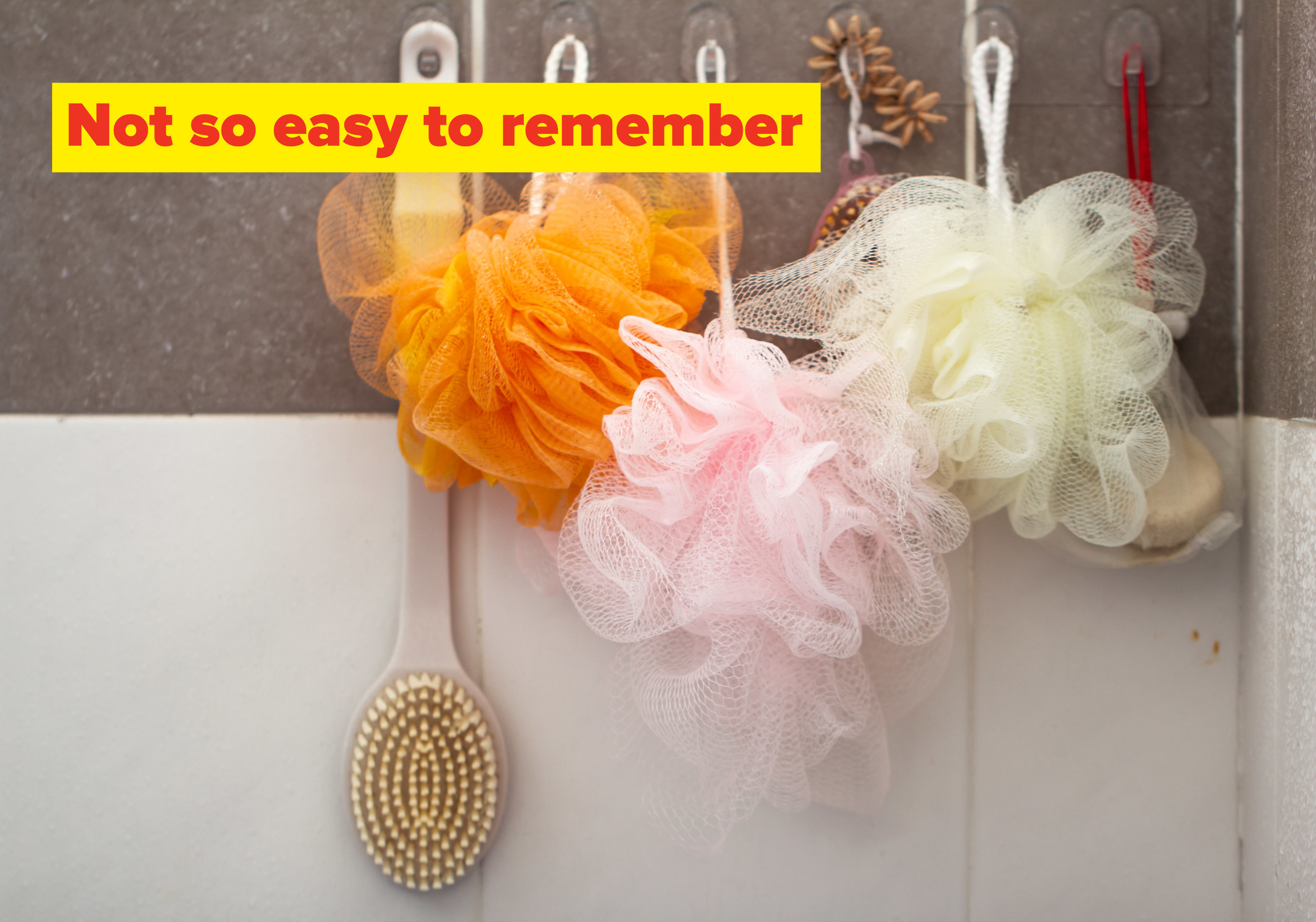 A back scrub brush hanging on a shower wall lined up next to three used bath poufs and two additional handheld scrubbers