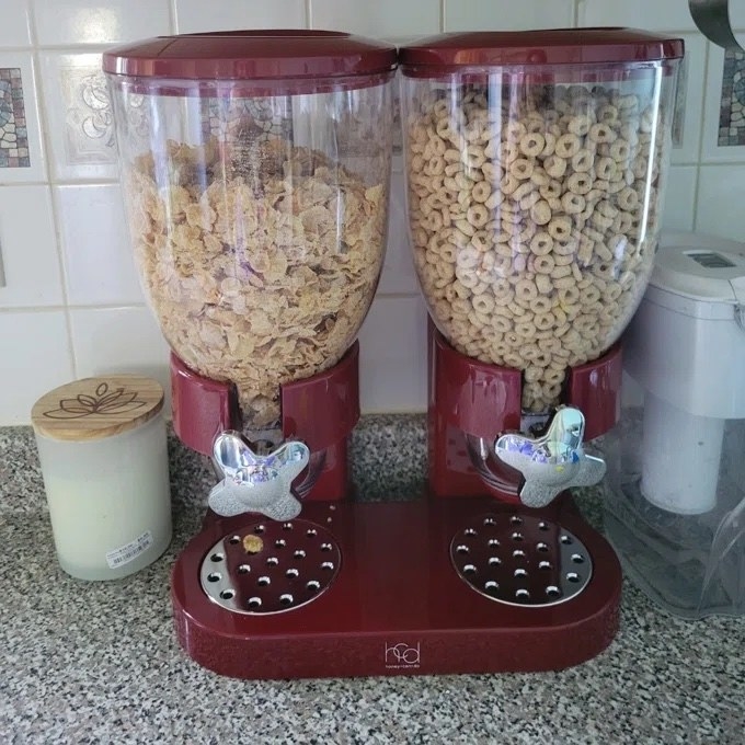 Reviewer image of cereal dispenser on a kitchen counter