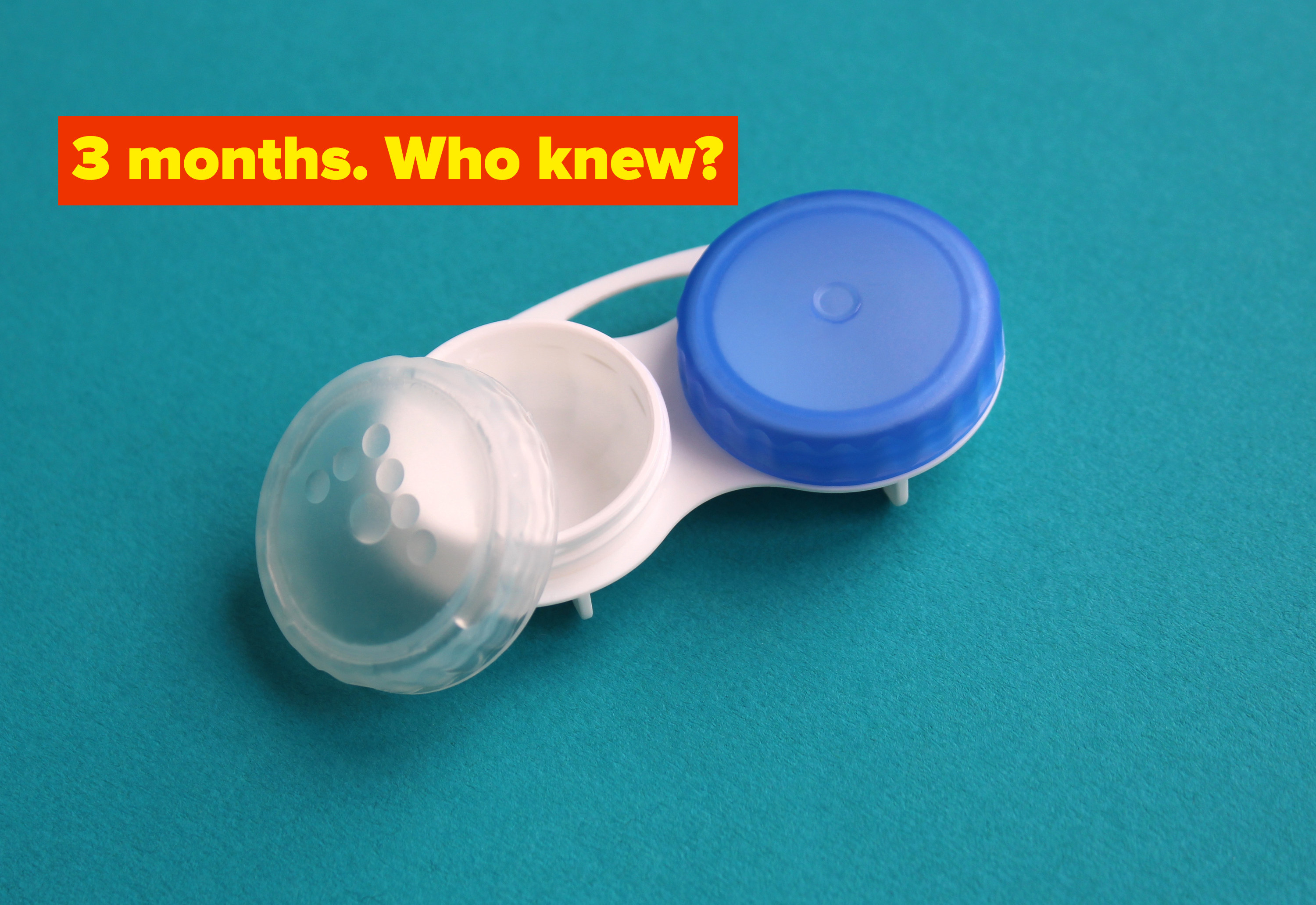 A contact lens case with one side opened so that the cap is propped against the case
