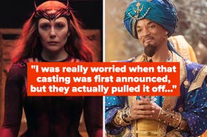 Elizabeth Olsen as Scarlett Witch and Will Smith as Genie with text reading: "I was really worried when that casting was first announced, but they actually pulled it off"