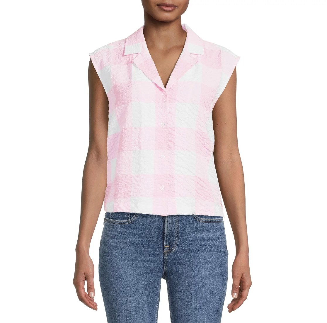 A pink button down gingham top