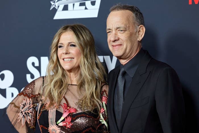 Closeup of Rita Wilson and Tom Hanks at a red carpet event