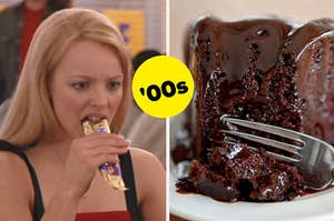 regina george eating a protein bar on the left and a slice of chocolate cake being cut into with a fork on the right