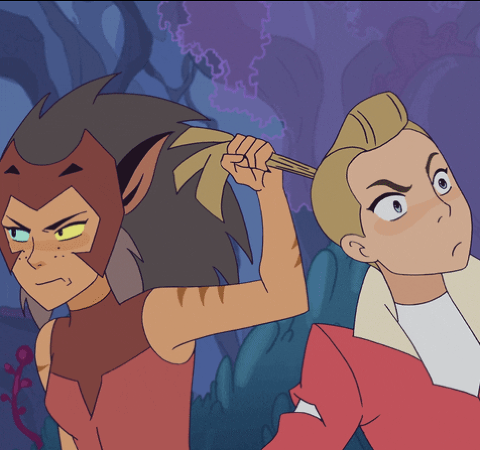 Adora getting her ponytailed pulled by Catra