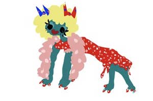 hand-drawn lizard that wears a dress, feather boa, and bows in its afro
