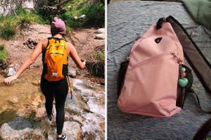 left: reviewer photo wearing an orange daypack, crossing a river. right: reviewer photo of pink sling bag on a bed