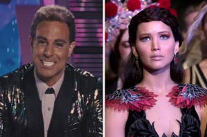 two images: on the left, caesar from hunger games (played by stanley tucci), on the right is katniss (played by jennifer lawrence)