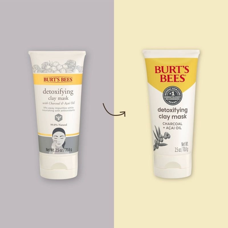 A before and after image of the new packaging for the clay mask