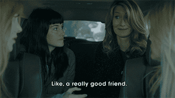 four women in a car with one saying like a really good friend while pointing to her crotch
