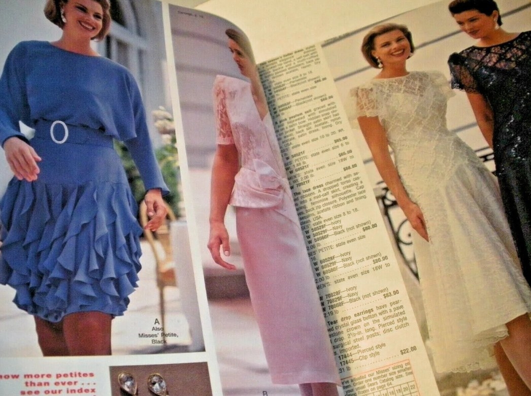 Women&#x27;s dresses are displayed in a Sears catalog from1993