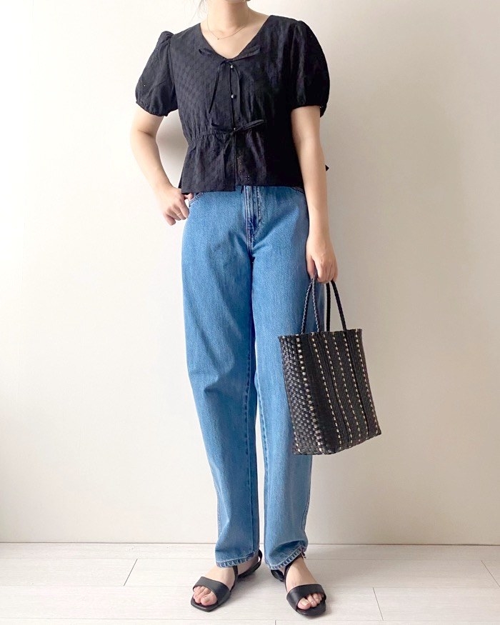 GUのオススメのブラウス「コットンレースリボンブラウス(半袖)YT+E」のコーディネート