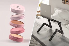 two images of makeup and laptop stand