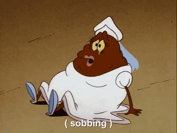 A cartoon meatball in a wedding dress crying and saying i want to call it off on Rocko's Modern Life