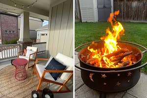 on left: comfy white and wood chairs in front of red outdoor table on porch. on right: black star and moon lit fire pit