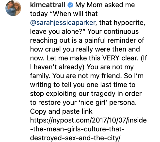 Screenshot of Kim&#x27;s message to SJP, in which she also says SJP is not her family or her friend