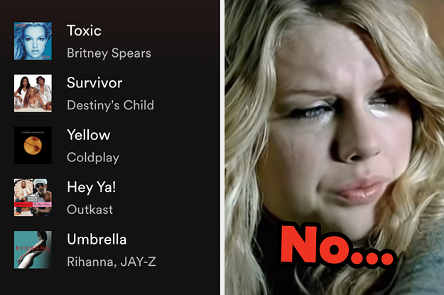 On the left, a 2000s Spotify playlist, and on the right, Taylor Swift crying in the White Horse music video labeled no