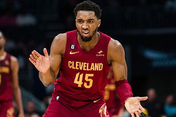 Donovan Mitchell playing basketball for the Cleveland Cavs