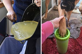 on left: model throwing away solidified grease from pan into trash. on right: reviewer using green dog paw cleaner to clean their dog's paw