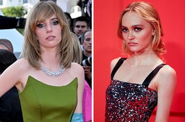 On the left, Maya Hawke wearing a strapless gown, and on the right, Lily-Rose Depp wearing a sparkly dress